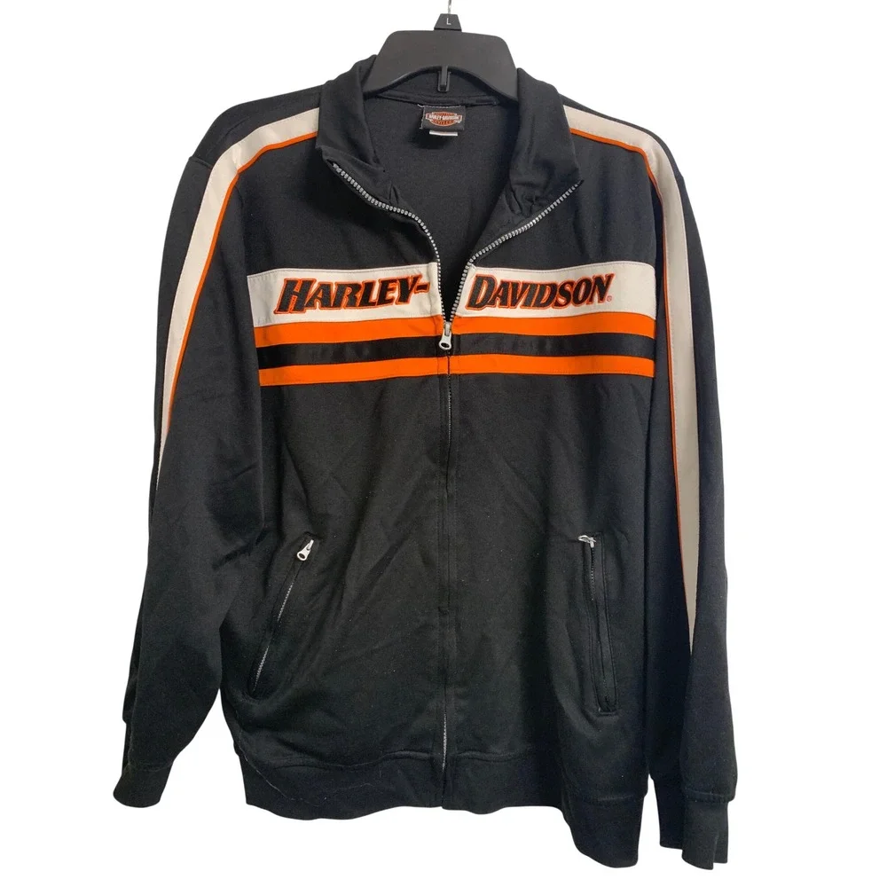 Harley-Davidson Zip Up Track Jacket Black Orange White Logo Size L 16/18